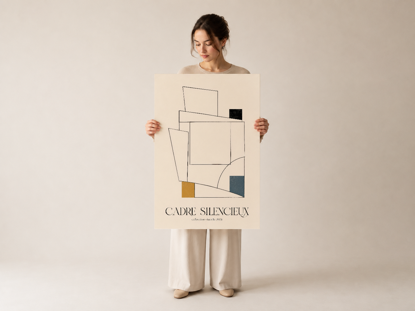 Soyut geometrik öğeler ve sakin tonlarla sunulan Cadre Silencieux baskı, çağdaş iç tasarımı için hazır poster.