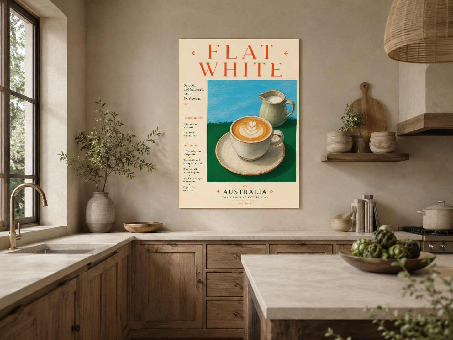 Ahşap mutfakta Flat White posteri, vintage kahve tasarımı, retro Avustralya tarzı
