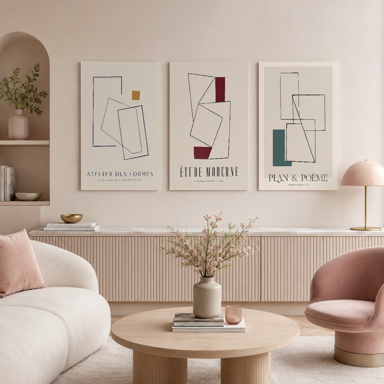 Minimalist çizgili kompozisyonlu üç parçalı sanat tablosu, çağdaş iç tasarımda öne çıkıyor.