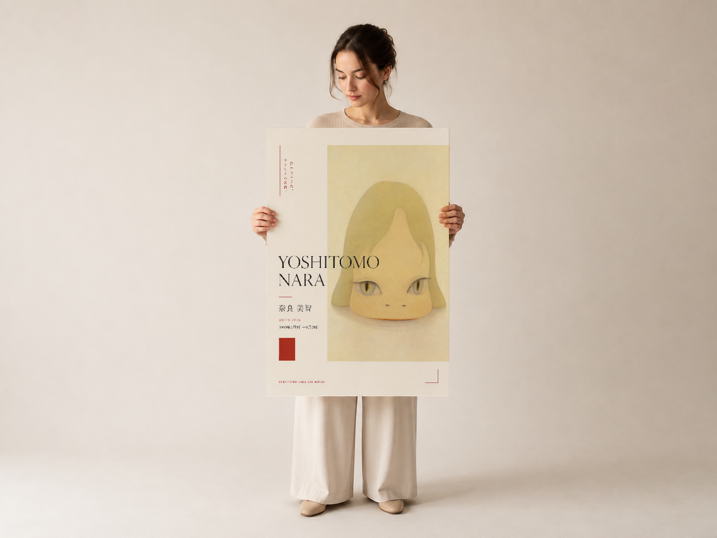 Yoshitomo Nara koleksiyonu, sarı tonlu mizaç portresi, modern sanat galeri standartlarında tasarlanmış premium poster.