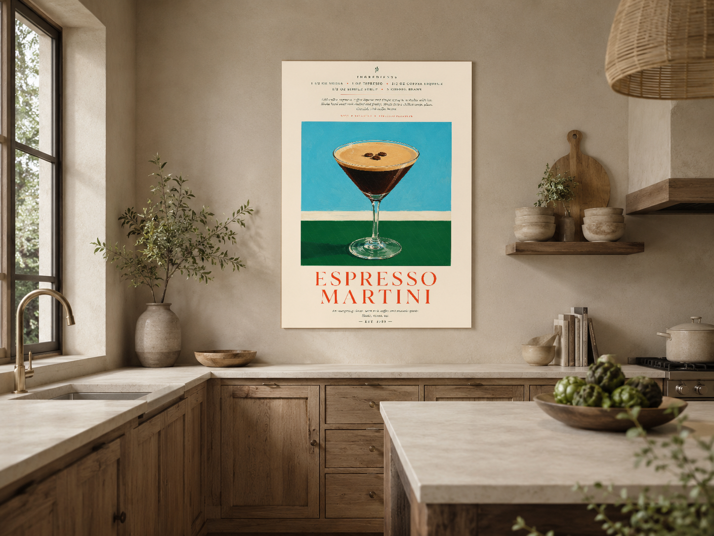 İkonun koktail tablosu, geniş mutfada retro-modern estetik ile kullanılan poster çalışması.