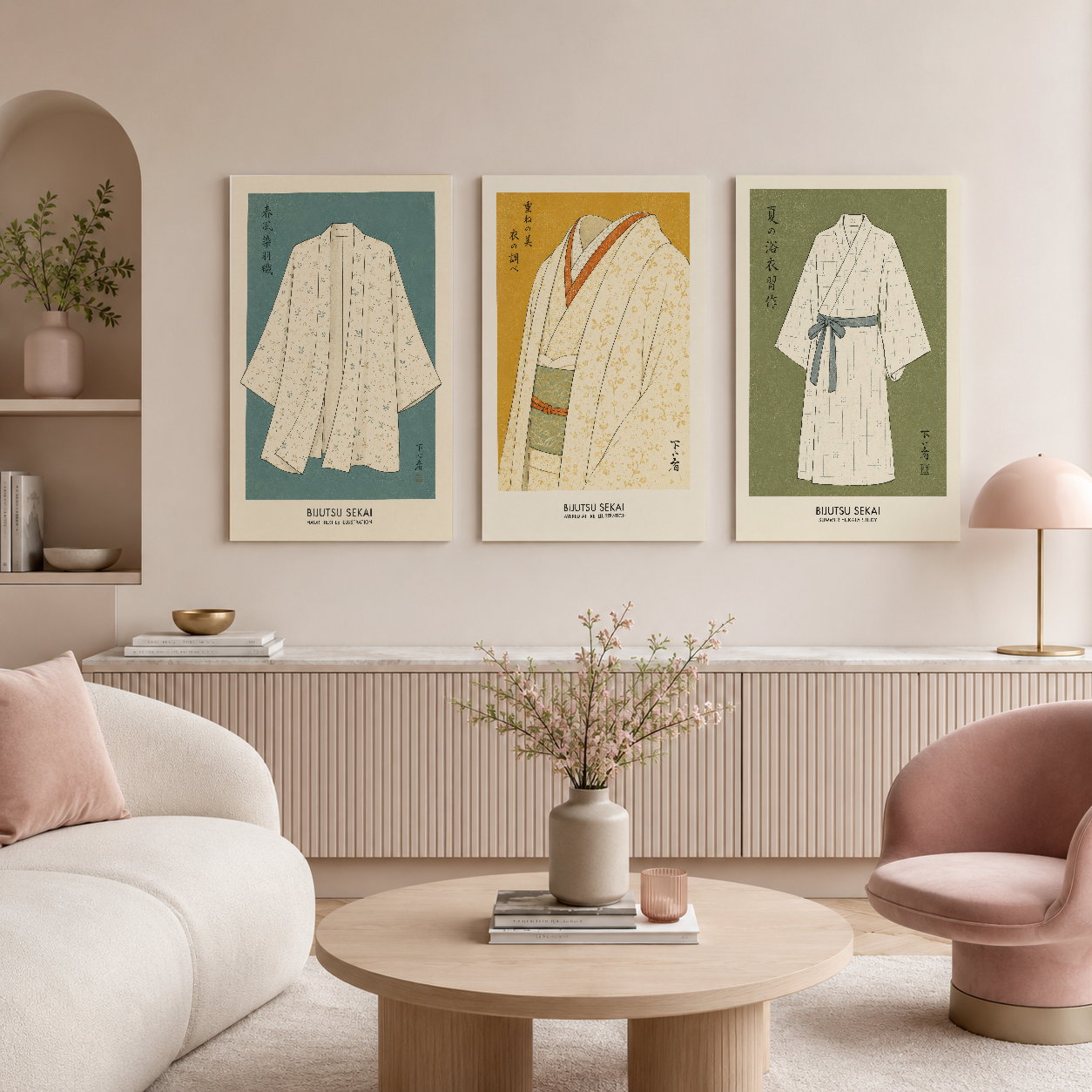 Modern mimar tarzı oturma odasının duvarını süsleyen üç parçalı kimono tablo seti, sanat ve işlevselliği birleştiriyor.
