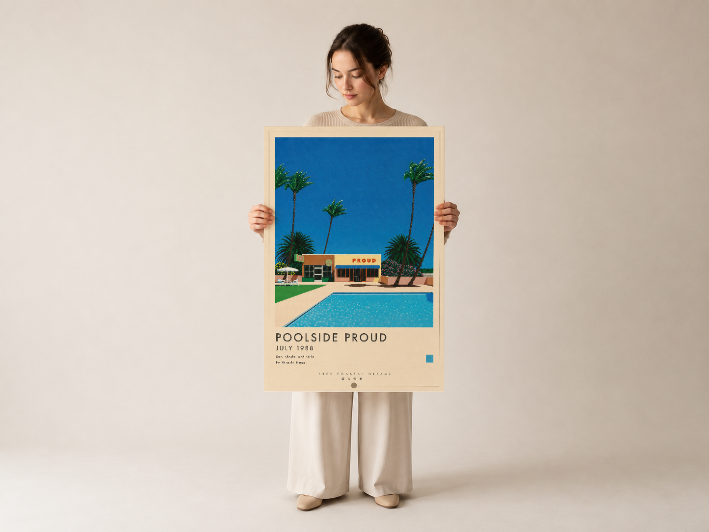 Retro plaj mimarisini gösteren Poolside Proud tablosu, beyaz ahşap çerçeve içinde.