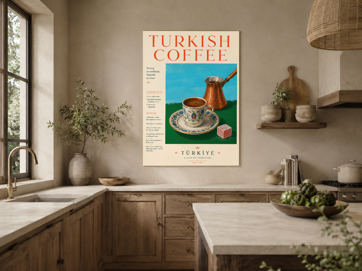 Vintage Türk kahvesi sanat tablosu, doğal ahşap mutfakta asılı, sıcak atmosfer yaratıyor.