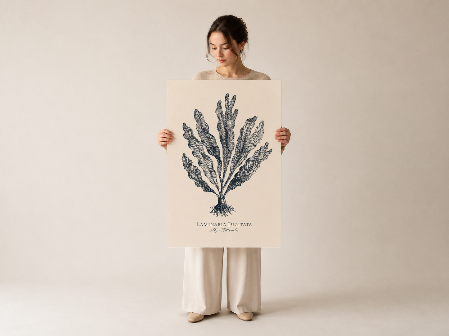 Laminaria Digitata duvar tablosu, tutulmuş halde, detaylı botanik çizim ve tipografi içeriyor.