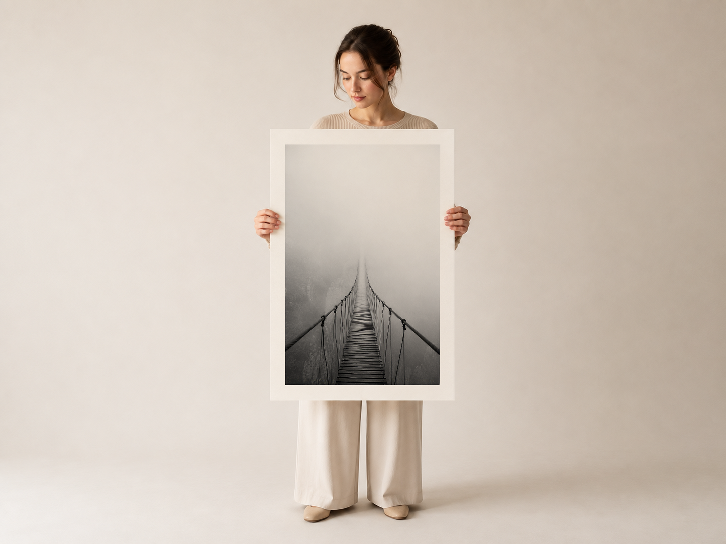 Kadın gösteriyor köprü görüntüsünün siyah-beyaz minimalist fotoğraf tablosunu beyaz çerçevesiyle.