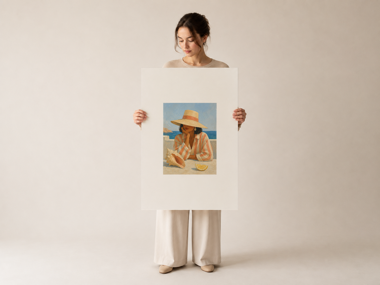 Beyaz matlu sanat tablosunu tutup gülümseyen kadın, deniz manzaralı modern poster baskı.