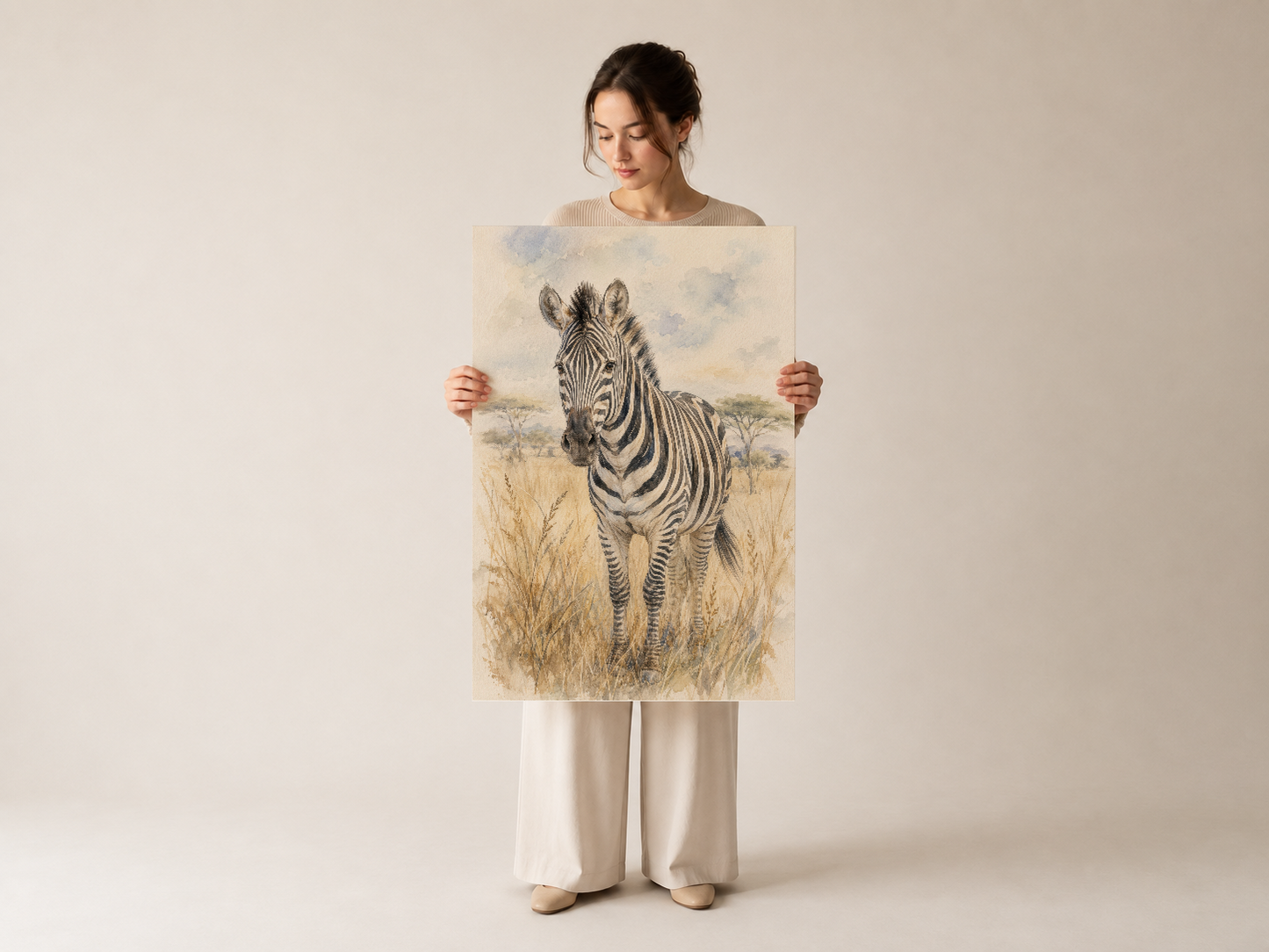 Yumuşak tonlarındaki savanah manzasında zebra yavrusunu gösteren dekupaj kalitesi yüksek baskı.