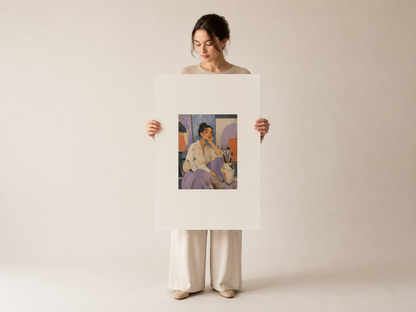 Beyaz mat fonda tutulan duvar sanatı baskısı, vintage renk paleti ile figüratif ressam tasarımı.
