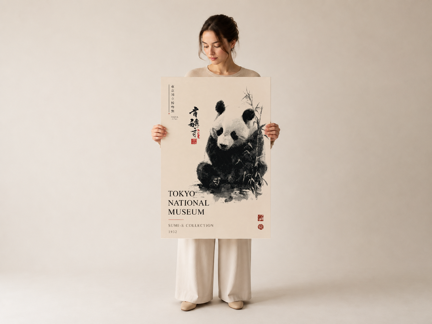 Japon mürekkep sanatından adapte panda görselli poster, modern estetik ve asya kültüründen ilham alan dekoratif tablou.