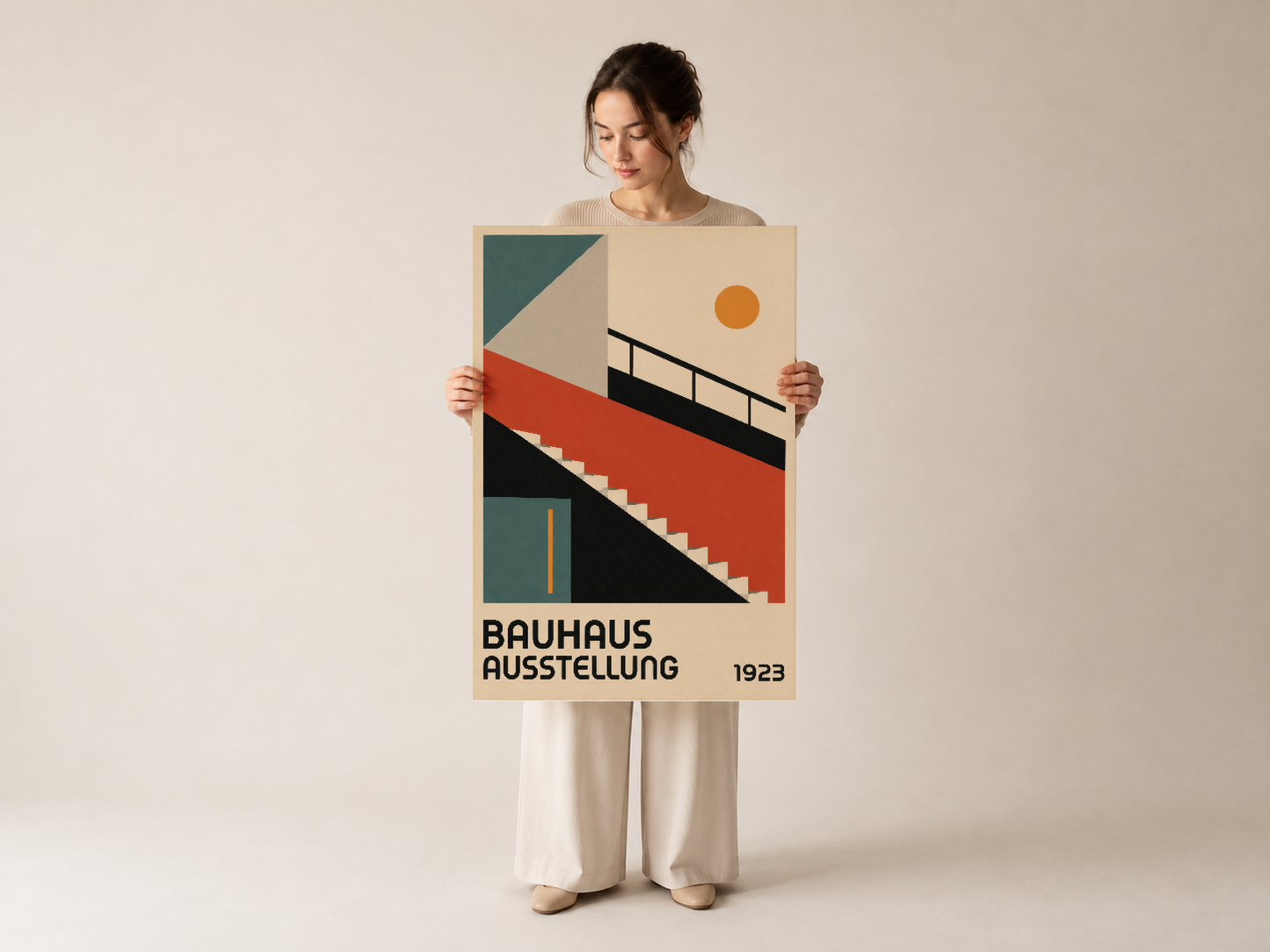 Klasik Bauhaus tasarımı, siyah, kırmızı ve mavi renkleriyle sanat koleksiyonu için ideal poster.