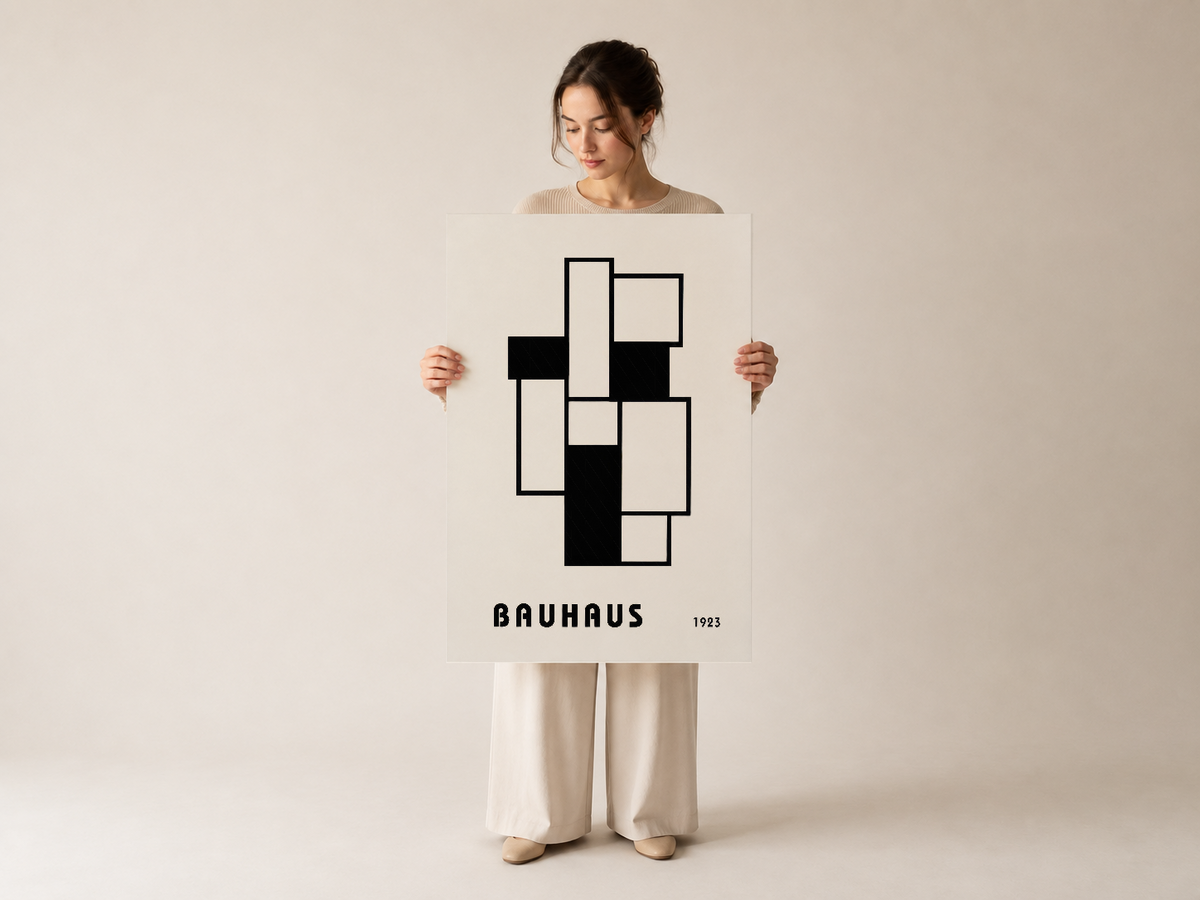 1923 Bauhaus poster tablo, modern geometrik soyut sanat siyah beyaz baskı.