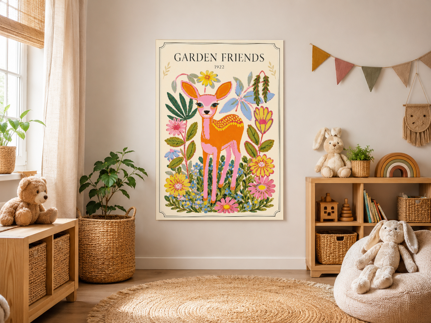 Açık renkli çerçevede Garden Friends tablosu, sıcak ve samimi odaya doğal estetik katıyor.