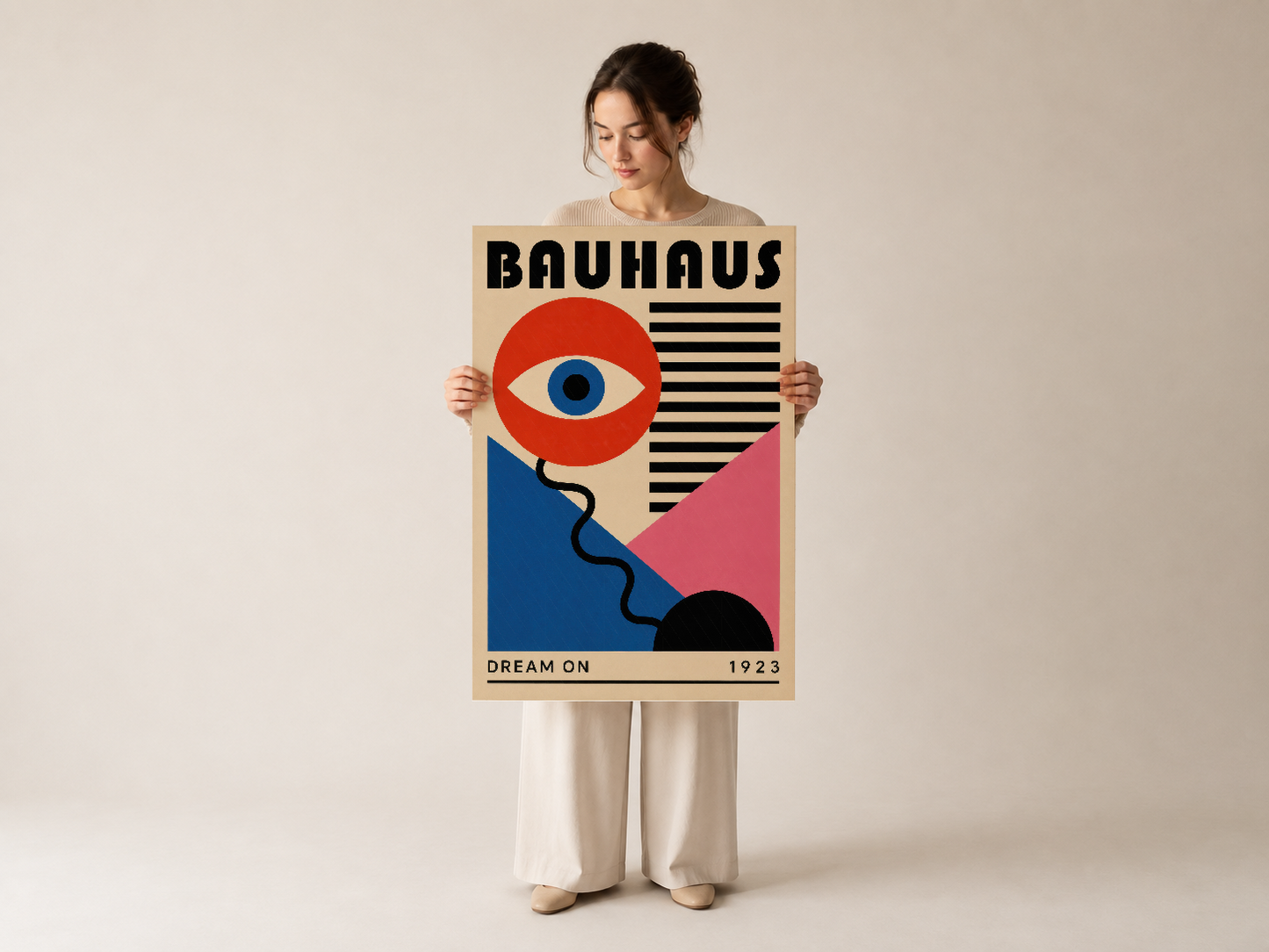 Bauhaus tarzı poster, çarpıcı renk blokları, stilize göz figürü, modernist tasarım klasiği.