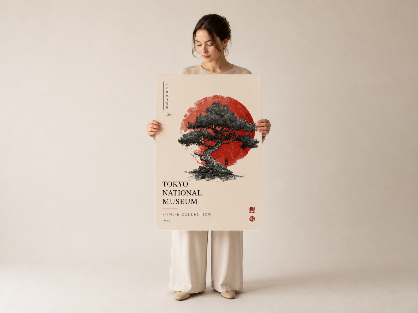 Japon sanat esinli kırmızı daire ve ağaç tasarımı posteri, moda stil fotoğrafında gösteriliş