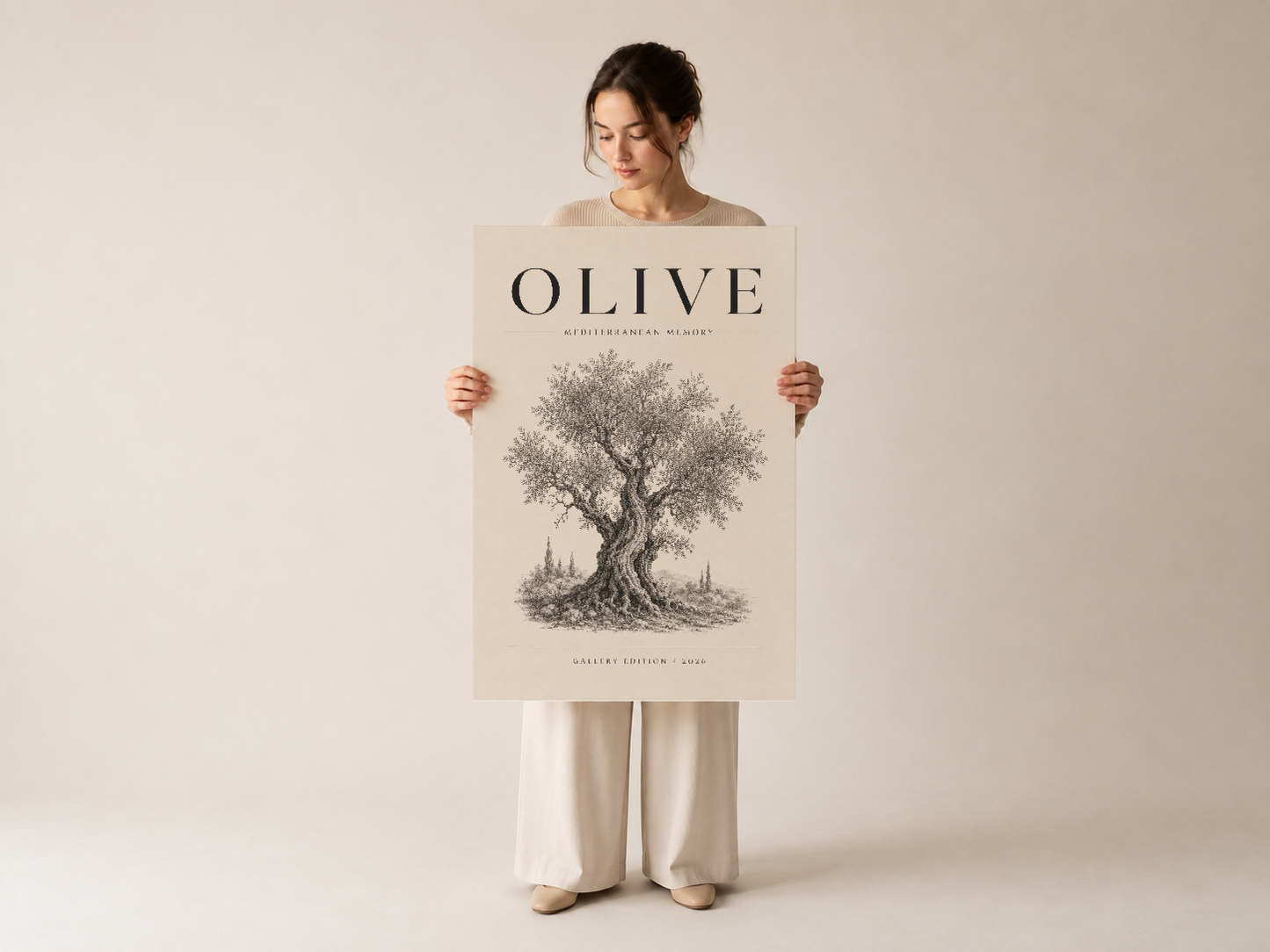 Krem renkli giysiyle kadın, detaylı zeytin ağacı gravürü bulunan 'Olive' posterini özgüvenle sunmaktadır.
