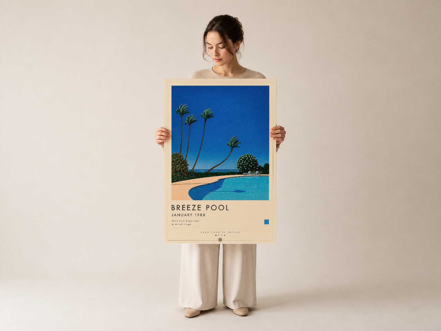 Breeze Pool poster, palm ağaçları ve turkuaz suyu gösteren, zarif çerçeveli tasarımıyla dekoratif duvar sanatı sunuyor.