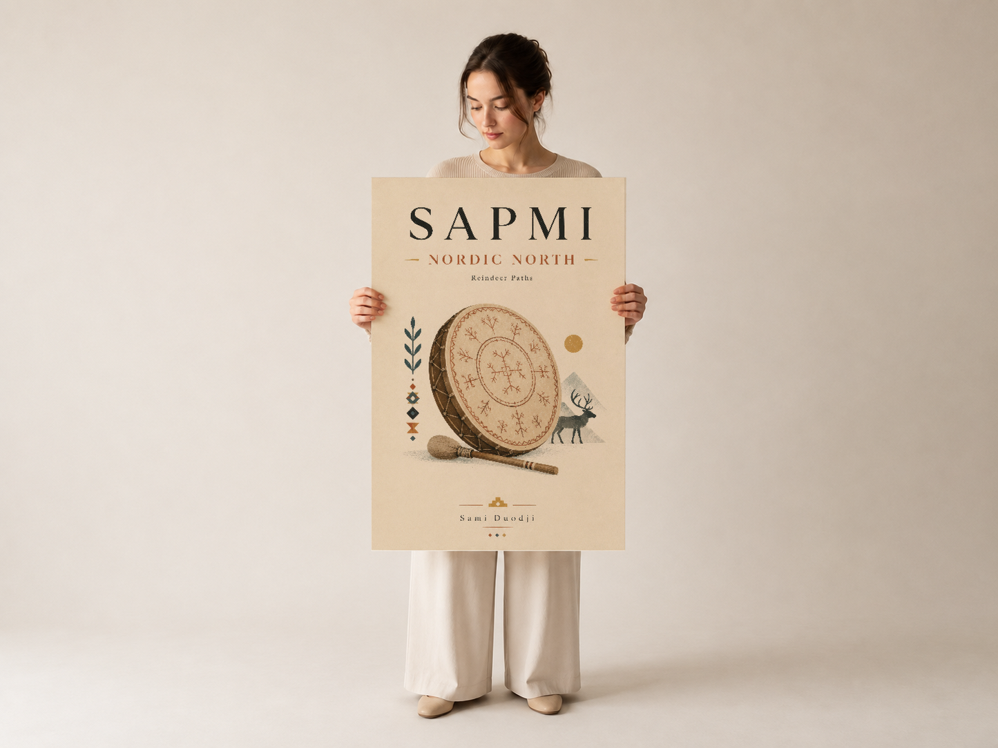 Sapmi Nordic North poster, geyik ve şamanik davul motifli, skandinavya-ilhamı sanat tablosu.
