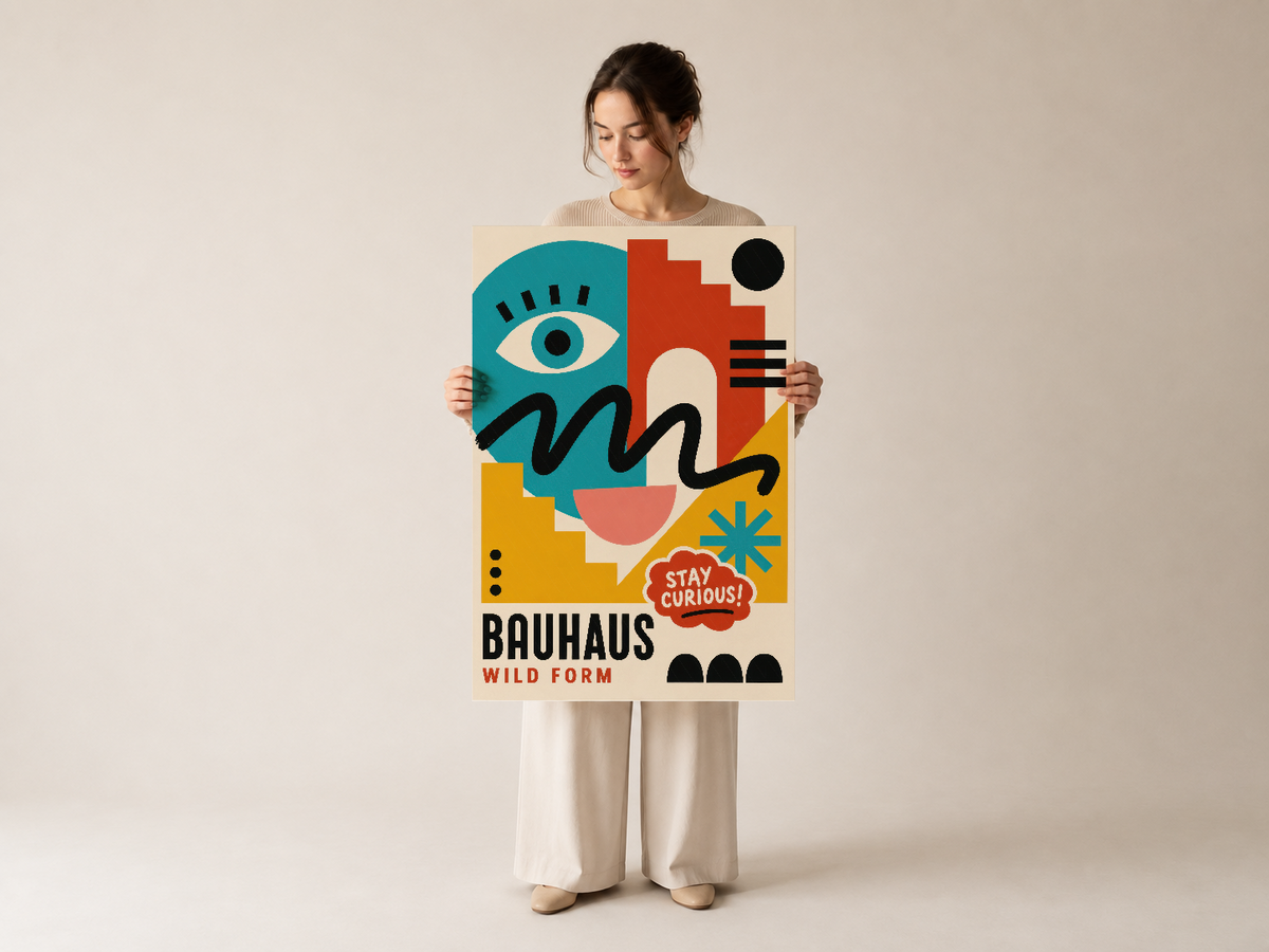Bauhaus Wild Form posteri, soyut yüz ve renkli geometrik formlarda klasik modernist sanat baskısı.