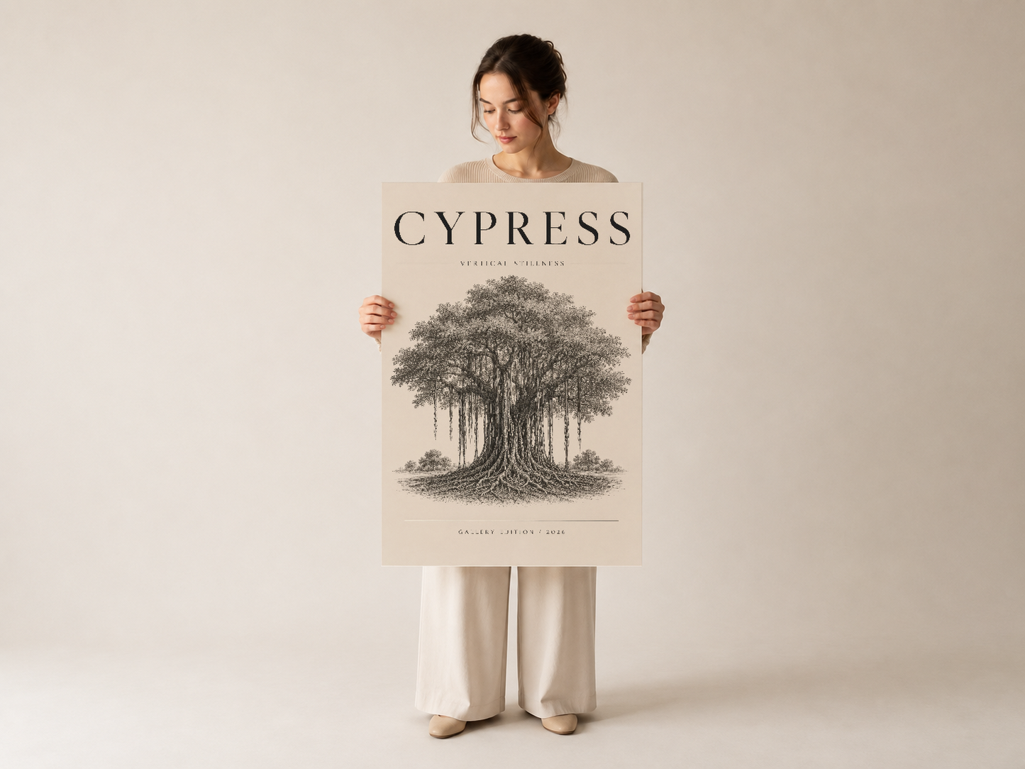 Cypress duvar tablosunu gösteren kız modeli, ürünün boyutunu ve etkileyici sanat değerini vurgulayan çekimli görsel.