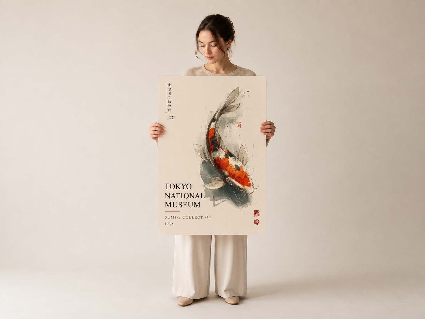 Japon mürekkep ressam geleneklerinden ilham alan, Tokyo National Museum koleksiyonundaki koi balığı sanat baskısı afişi.