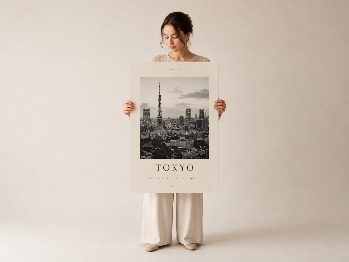 Tokyo metropoliten silueti tablasu, minimal tasarımlı beyaz çerçevede sunulan poster gösterimi.