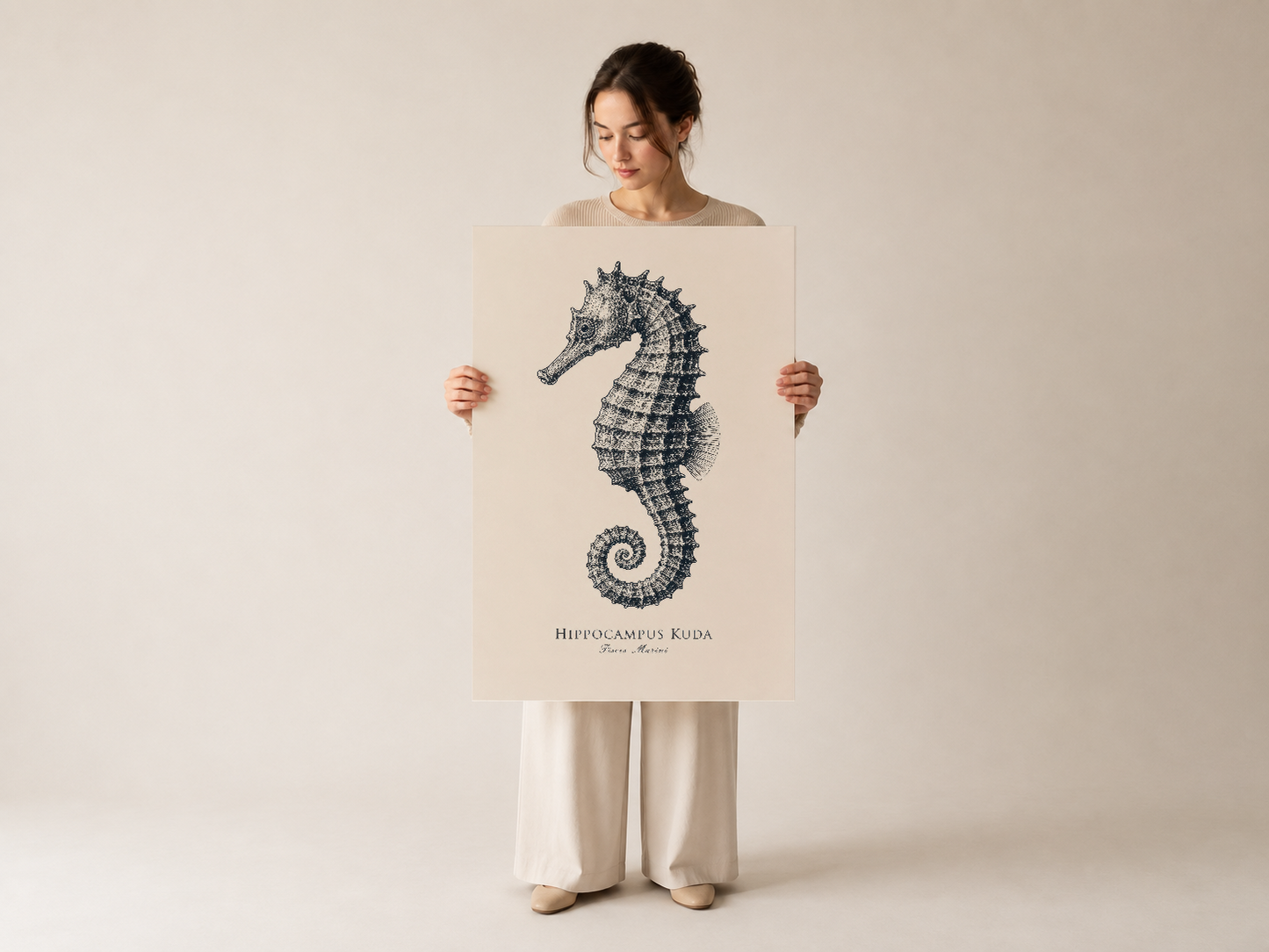 Zarif deniz atı anatomisi tablosu, modern minimalist poster tasarımı.