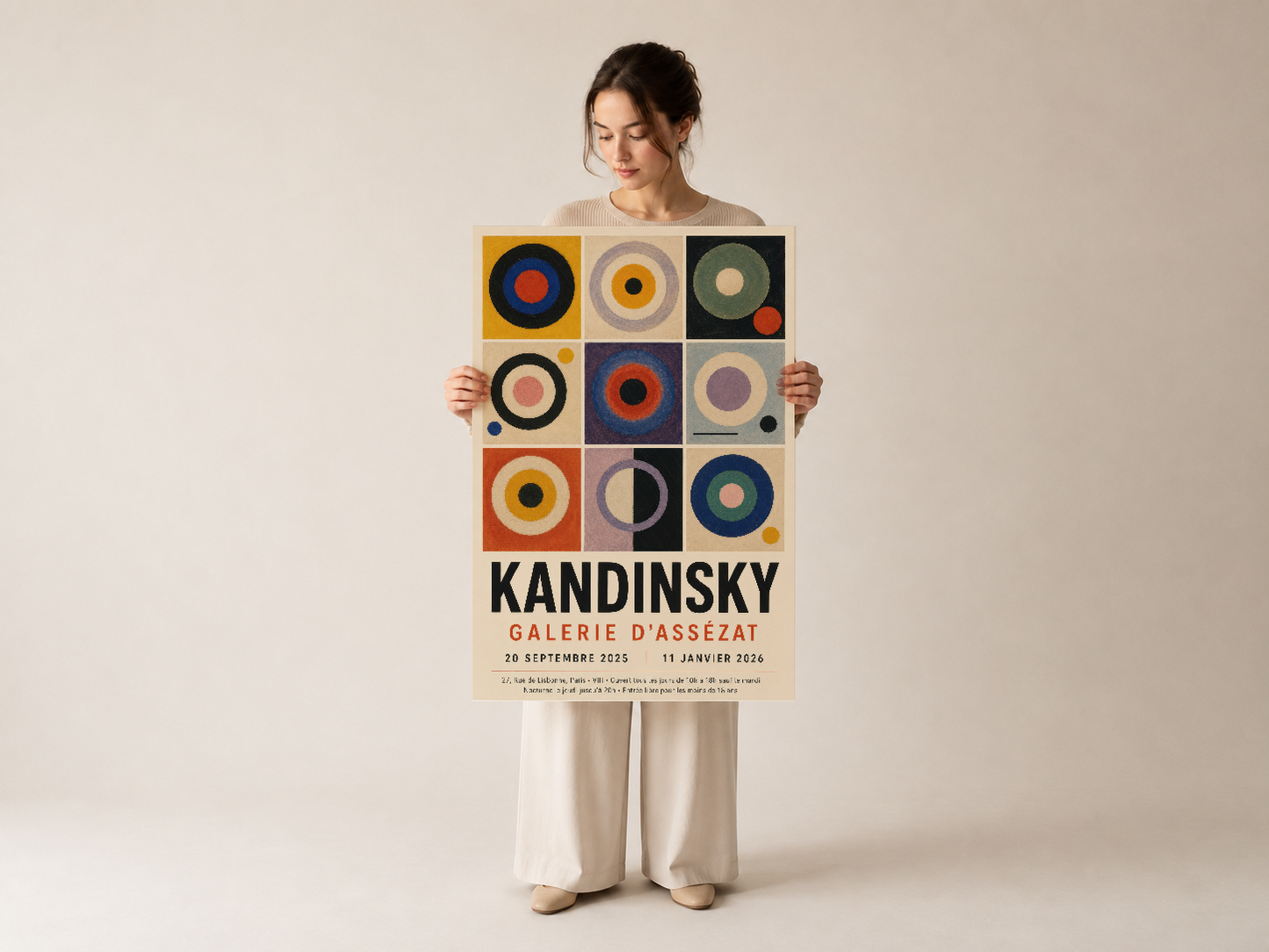Kandinsky'nin renkli daire motiflerinin yer aldığı orijinal galeri tablosu, koleksiyoncu tarafından gösterilen tasarım.