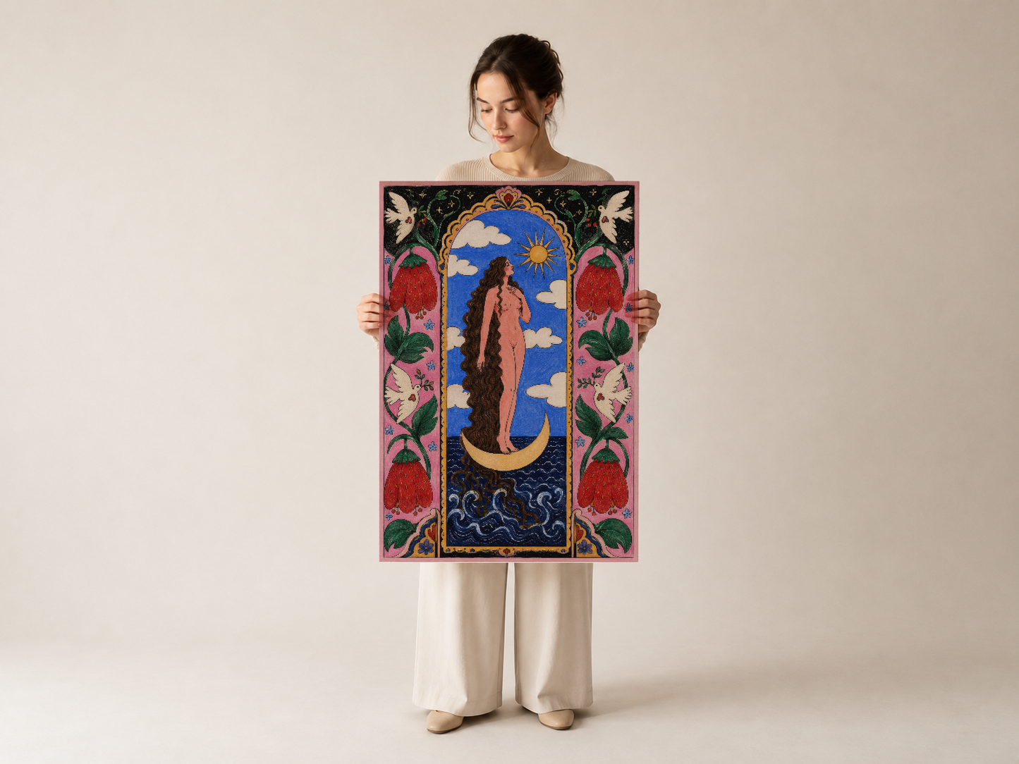 Ay ve güneş sembolizmi ile bohem tasarımı yansıtan, çiçek desenleri detaylı duvar tablosu sanat baskı.