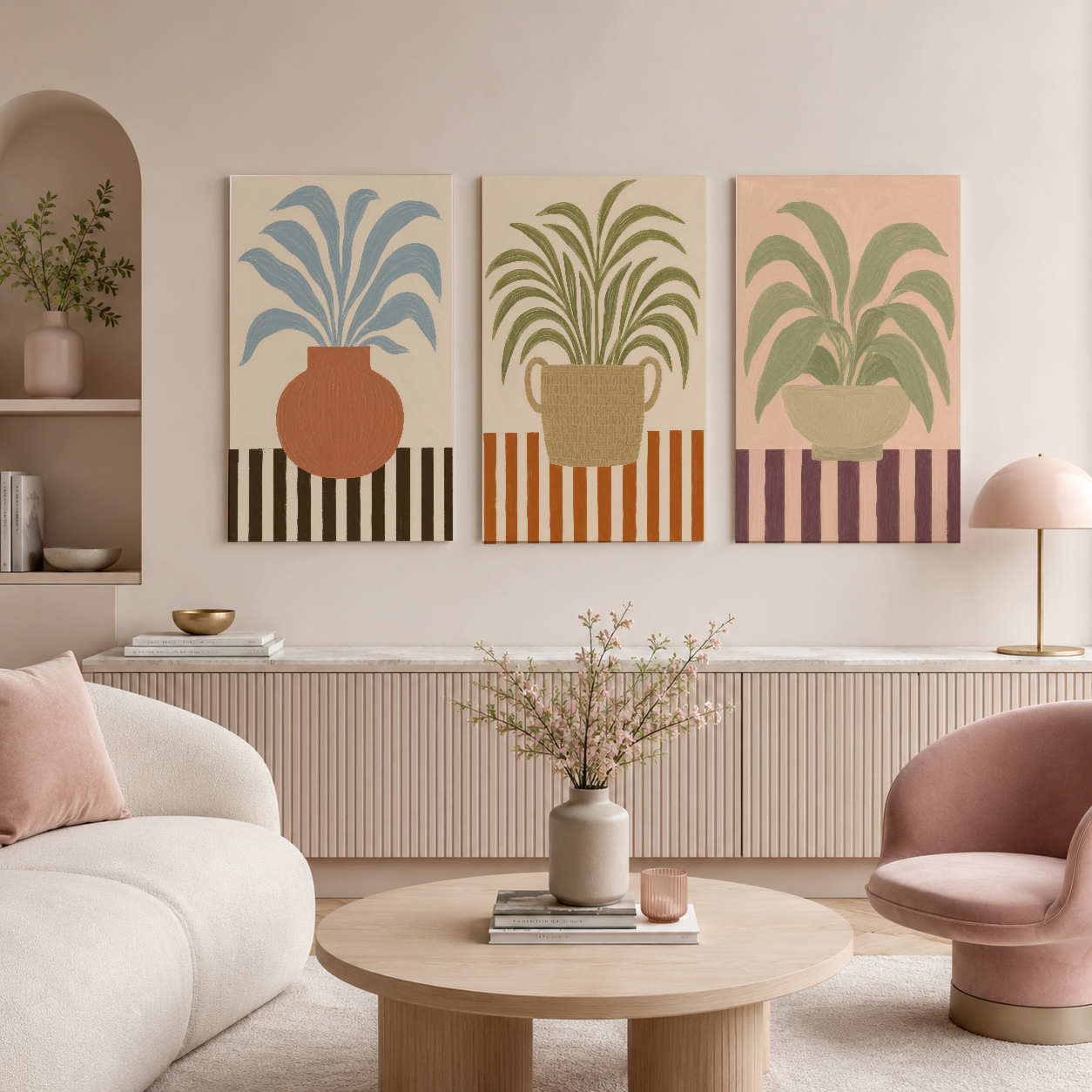 Geometrik saksı tasarımı ve art déco stilleri birleştiren üç panel resim seti, modern iç mekânda.