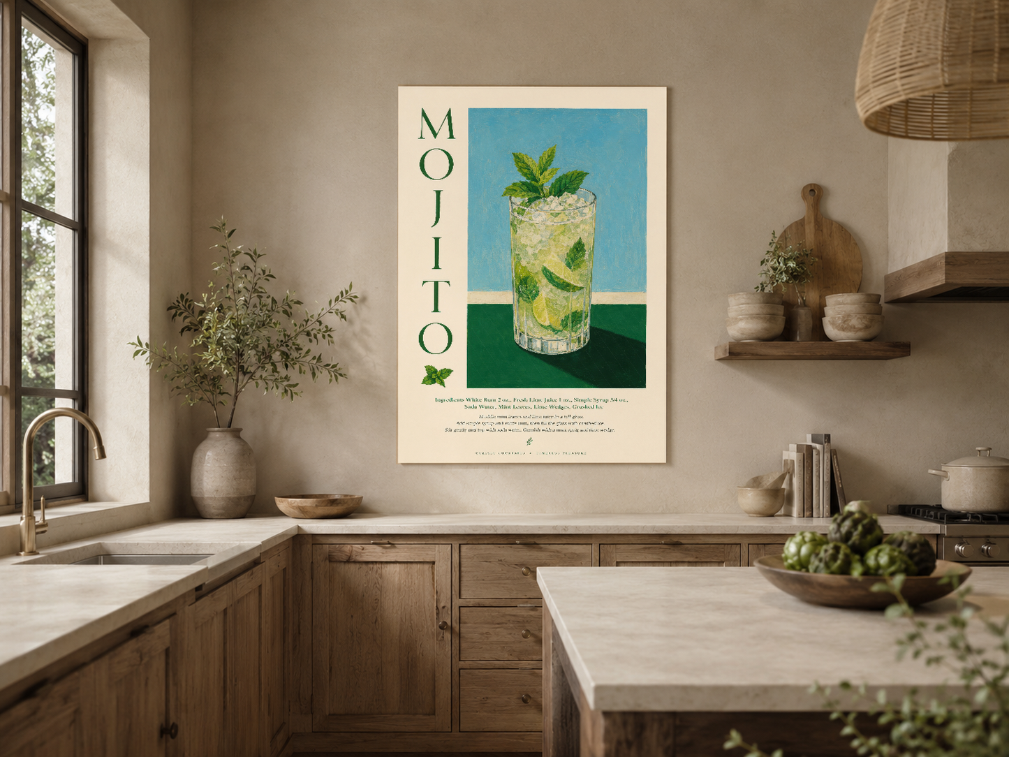 Retro mojito baskısı, doğal ışık altında ahşap mutfak tasarımında sergilenen duvar sanatı.