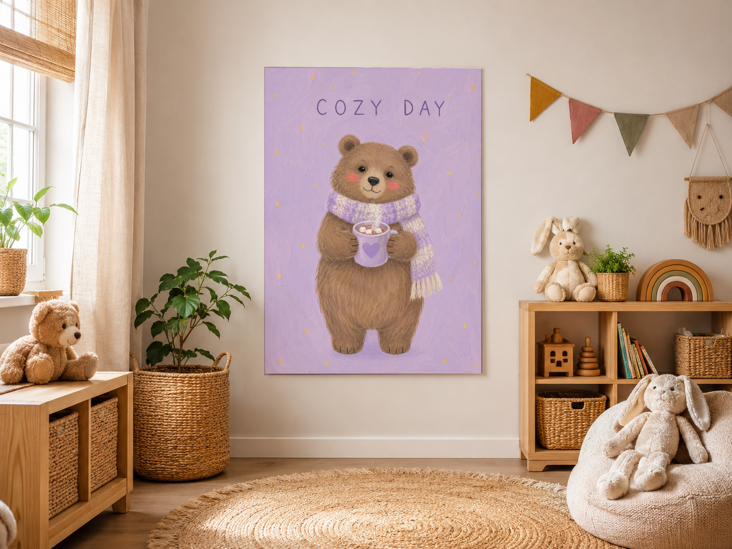 Mor Cozy Day posteri, bohem tarzı çocuk odasında renkli bayrak ve raf dekorasyonlarının arasında.