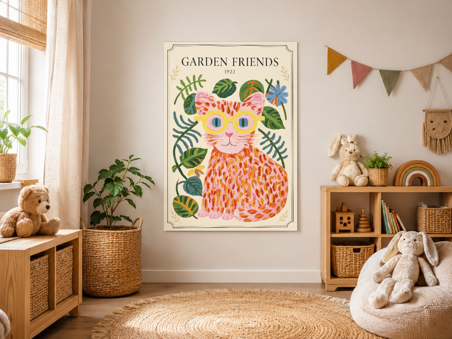 Krem rengi duvarlarla tamamlanan çocuk odasında, renkli kedi tasarımlı poster sanat eserinin yeri.