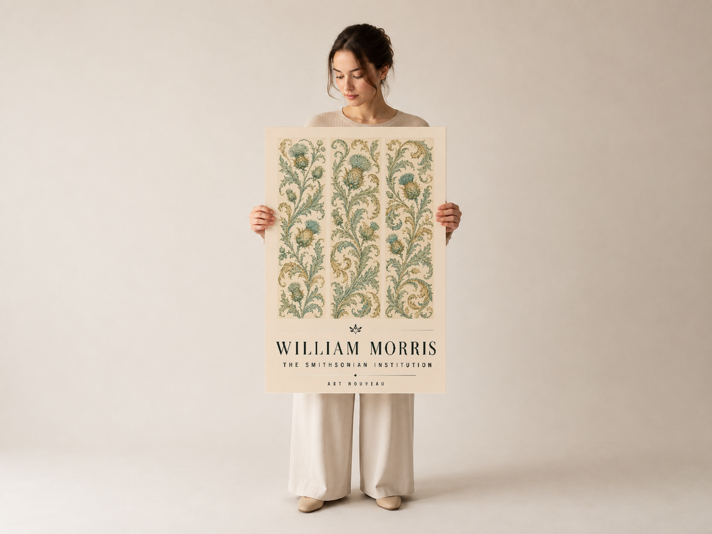 Kadın elinde tuttugu William Morris tablosu, sanat nouveau tarzında botanik tasarımı, çiçek desenleri.
