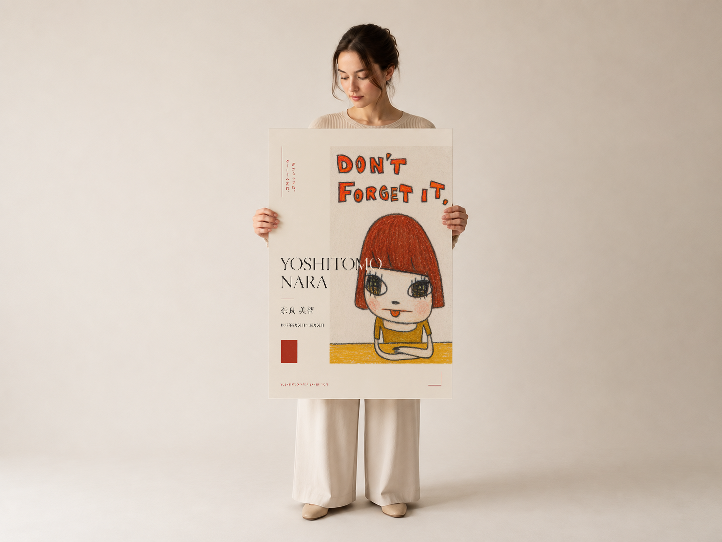 Minimalist tasarımlı poster, geniş formatta kız figürü ve tipografi baskısı ile sanat ürünü.