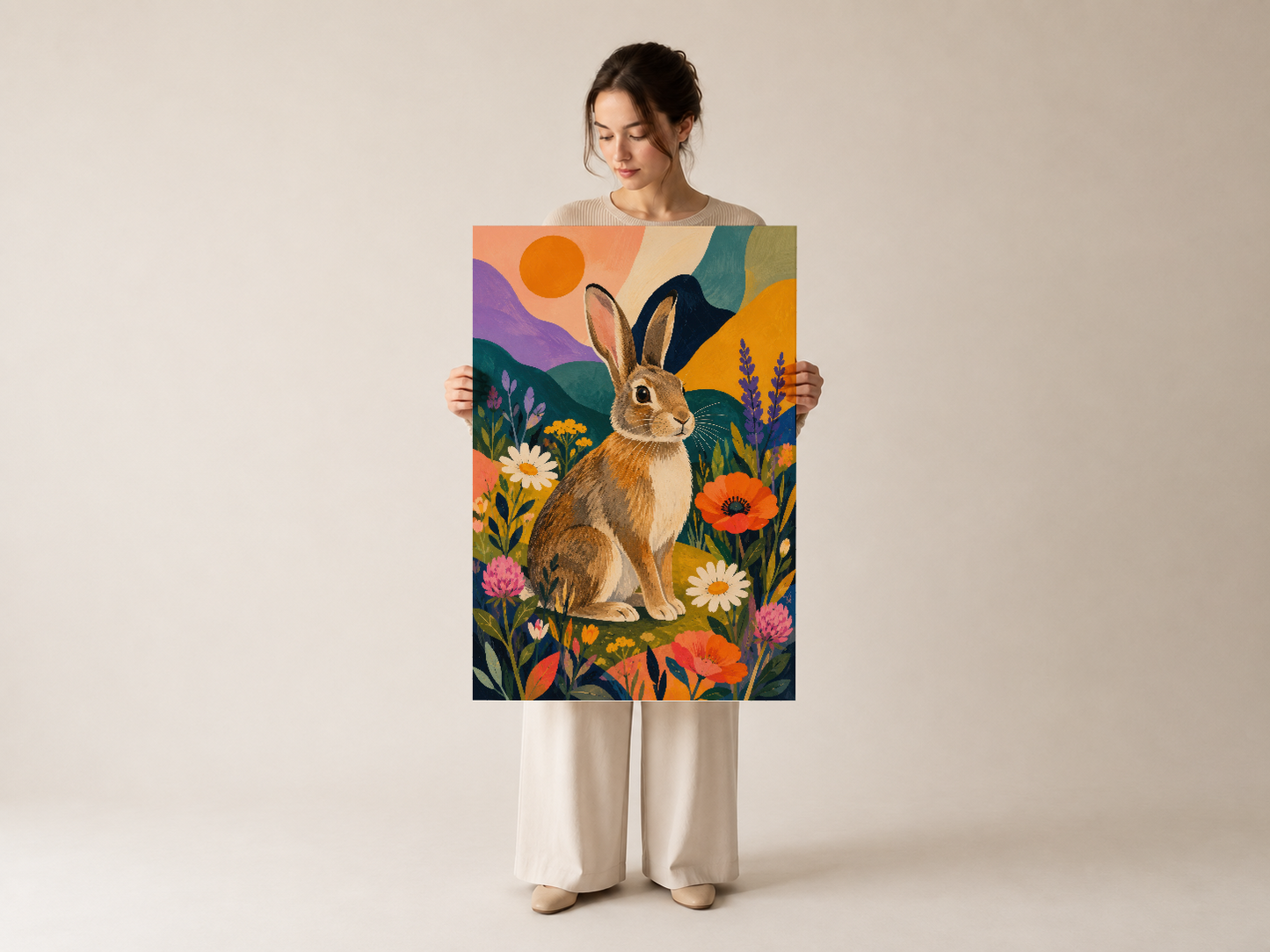 Tavşan ve botanik çiçek motifli sanat baskısı, çok renkli modern tasarımlı poster.