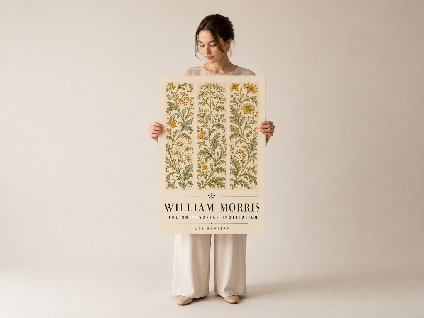 William Morris sanat eseri, tamamı gözüküyor şekilde kadın tarafından tutulan poster baskısı.