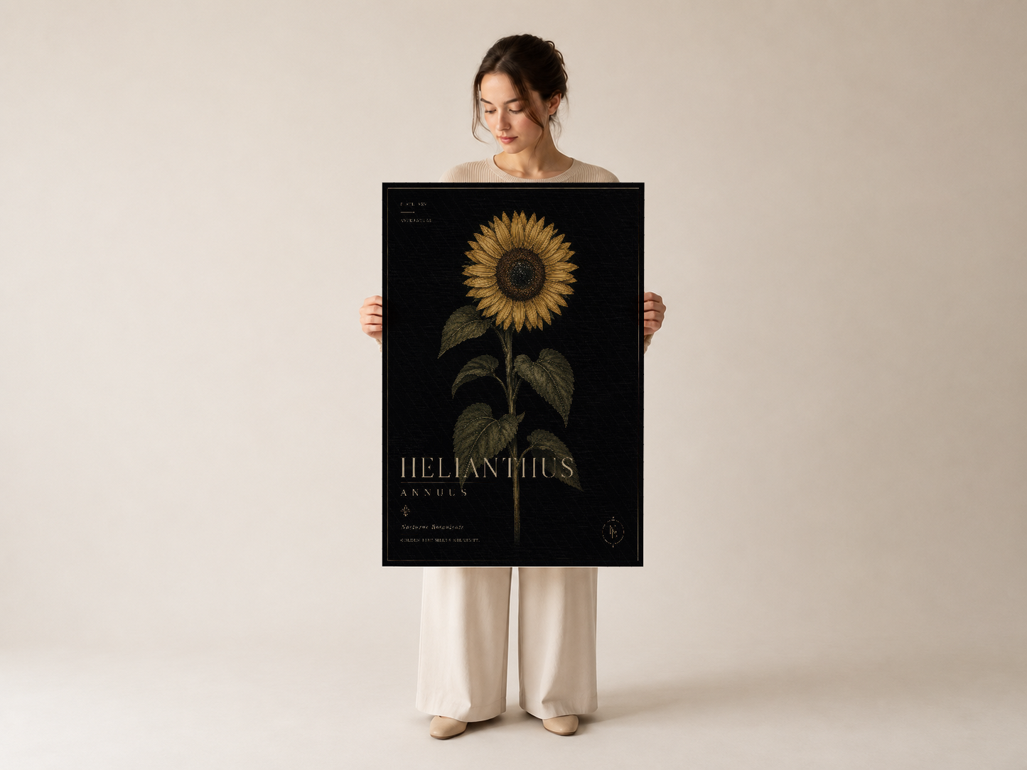 Helianthus Annuus tablosu tutan kız, siyah zeminde detaylı ayçiçeği çiziminin yanında latince yazı barındırıyor.