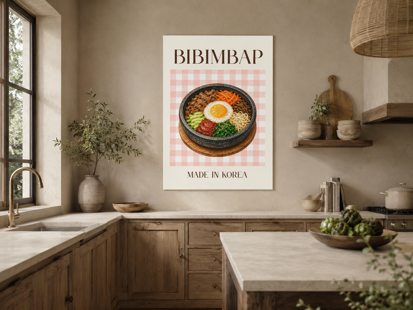 Bibimbap sanat eseri, ahşap kabin ve mermer tezgahın üzerinde, ısıl ve şık sunum.
