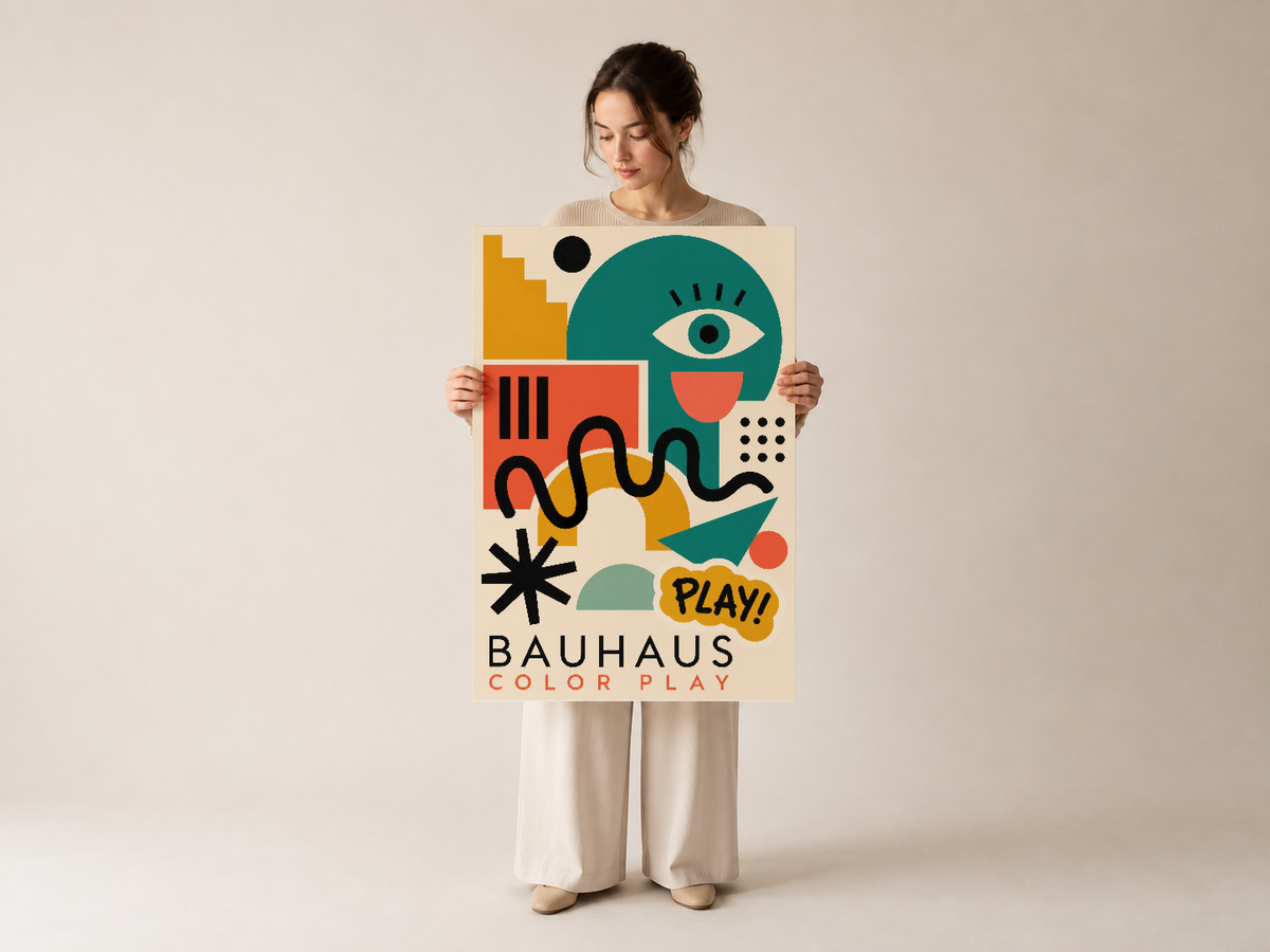 Bauhaus Color Play posteri, elde tutulan haliyle kapsamlı tasarımının tamamını ve renk uyumunun canlılığını ortaya koyuyor.