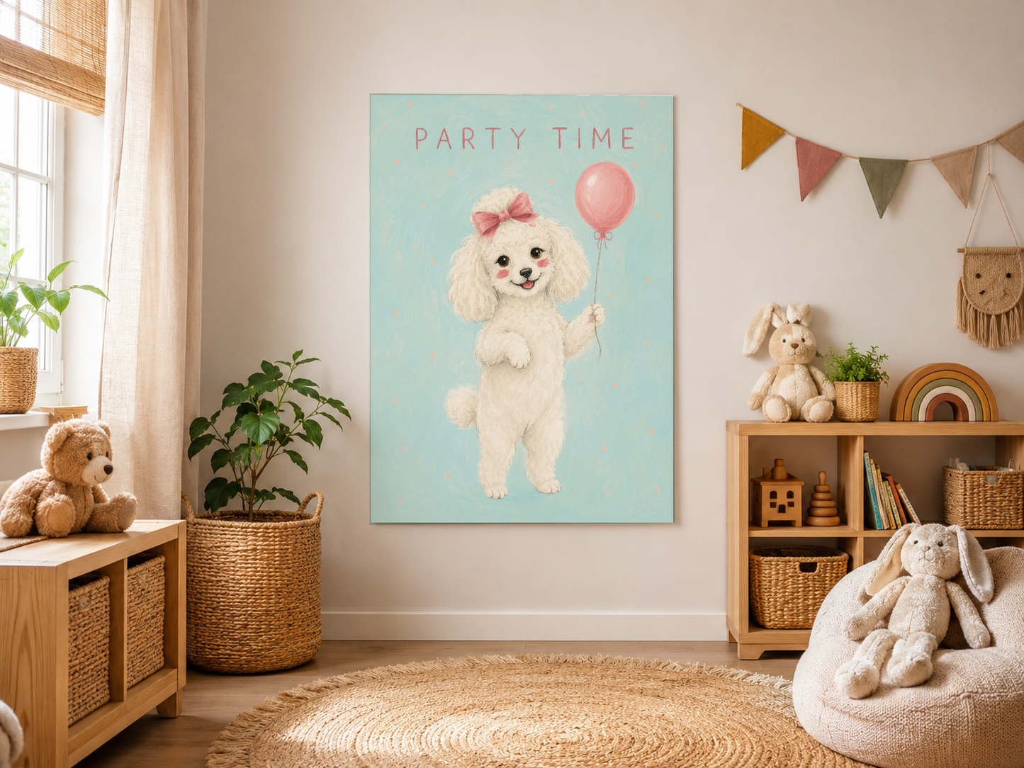 Sevimli köpek karakterli Party Time posteri, doğal tonlu Scandinavian stilinde çocuk odasında.
