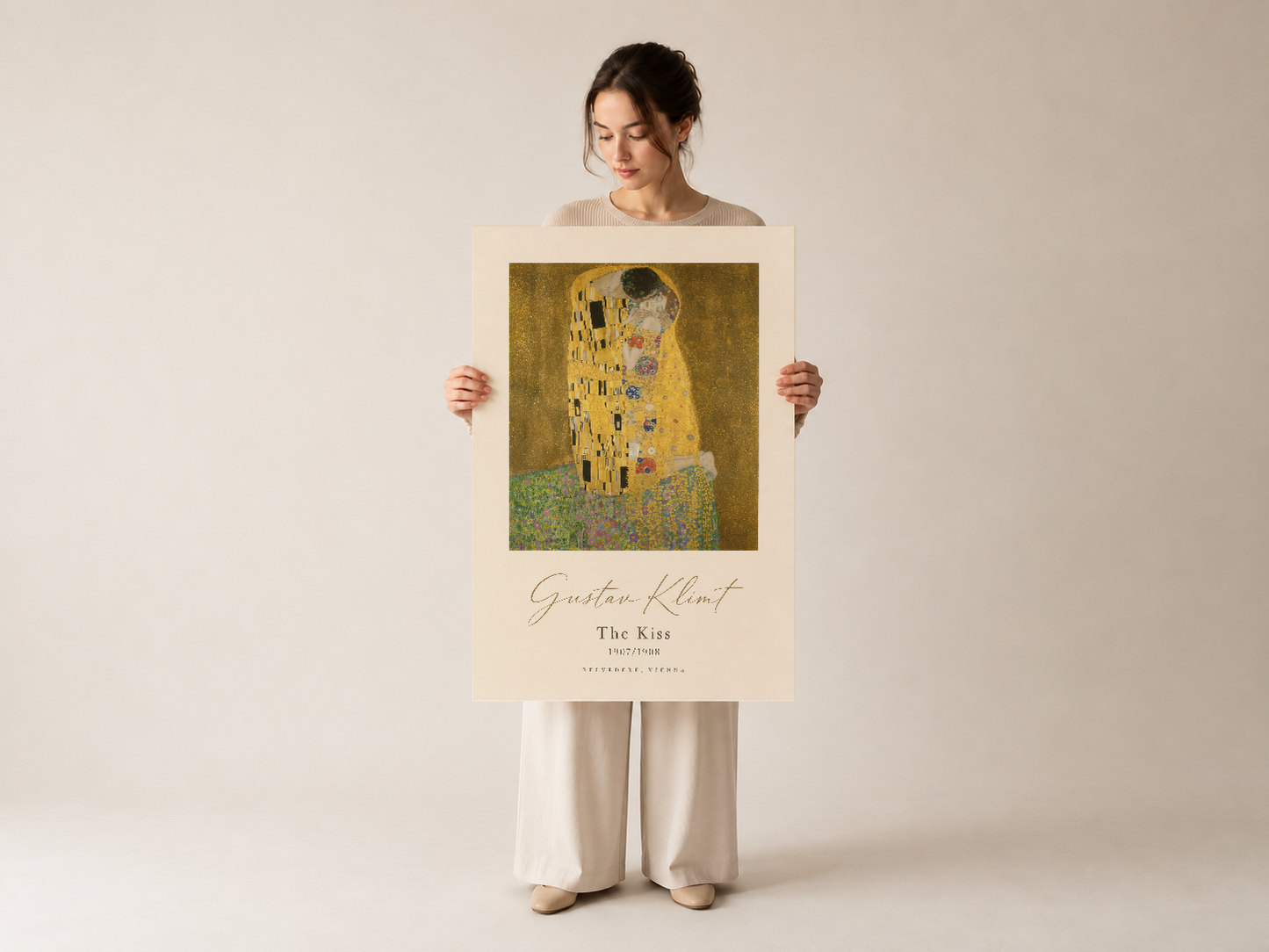 Dekoratif duvar sanat parçası olarak mükemmel, Klimt'in başyapıtının modern poster yorumu.