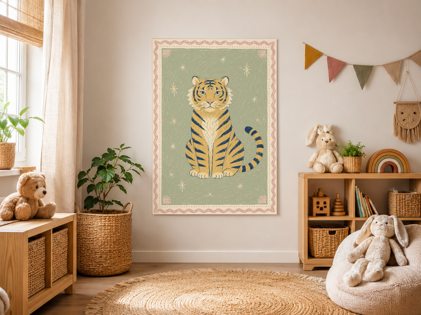 Boho tarzı çocuk odasında, kaplan figürü içeren renkli vintage poster baskısı.