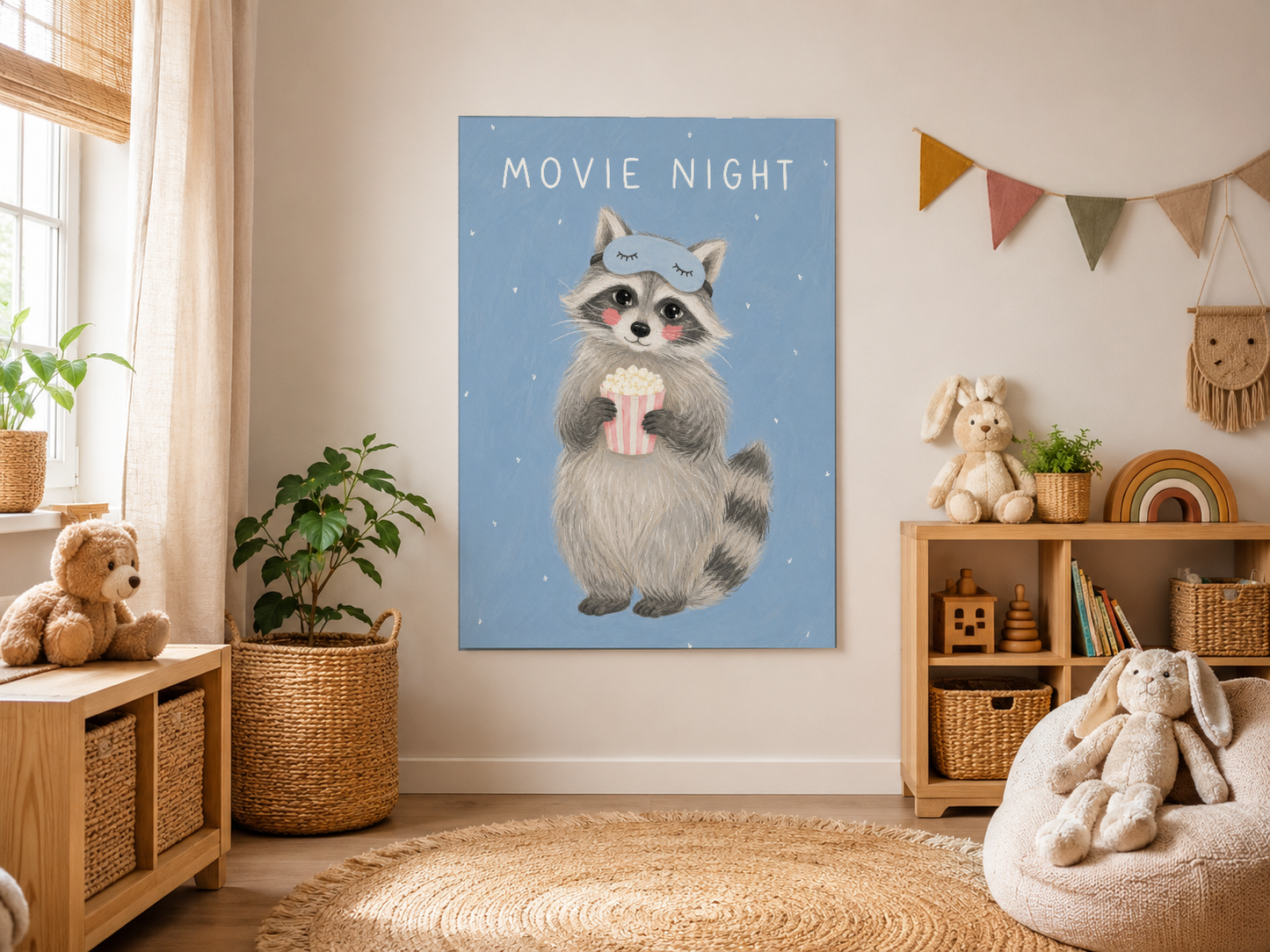 Movie Night tatlı rakun tablosu, boho tarzı çocuk odasında doğal ahşap raf ve dekorasyonlarla.