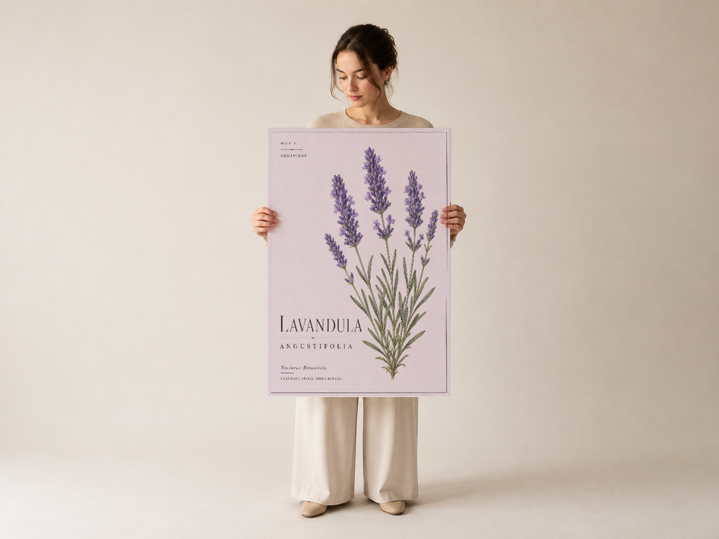 Vintage botanik estetikli lavanda tablosu, ince hat çizimleri ve pastel arka plan tasarımı.