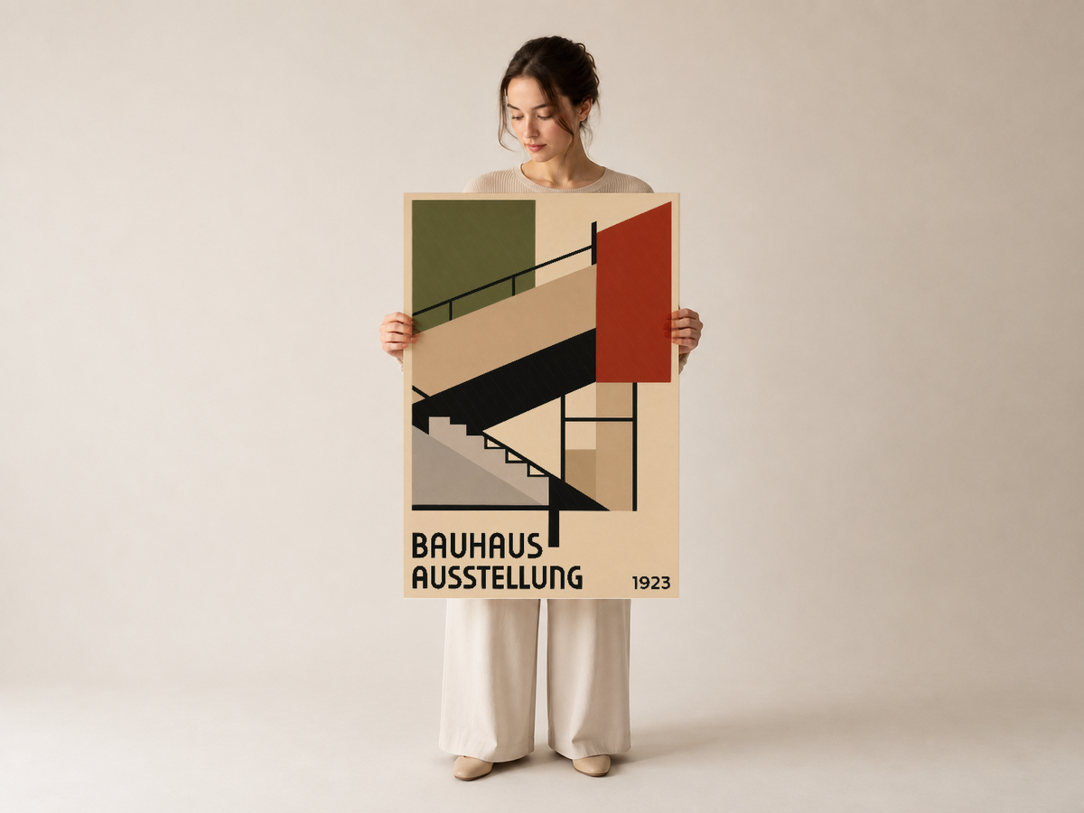 Bauhaus Ausstellung 1923 duvar tablosu, soyut merdiven formunun yaratıcı tasarımıyla minimalist dekorasyonda etkileyici