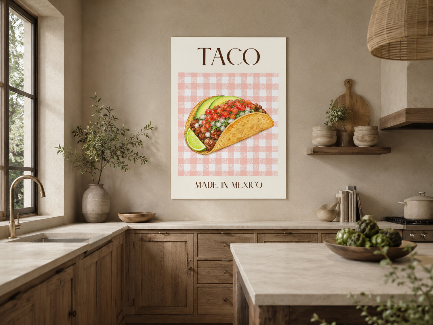 Ahşap dolapların üzerinde asılan, fresh taco görselli retro estetik mutfak posteri.