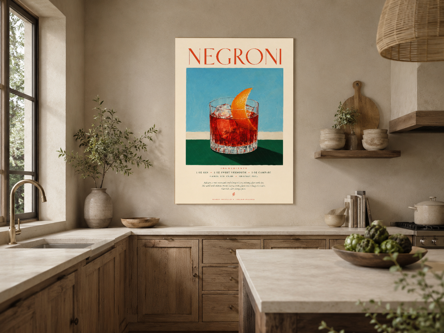 Negroni sanat tablosu, ahşap detaylı rustik mutfakta zarif bir dekorasyon aksanı.
