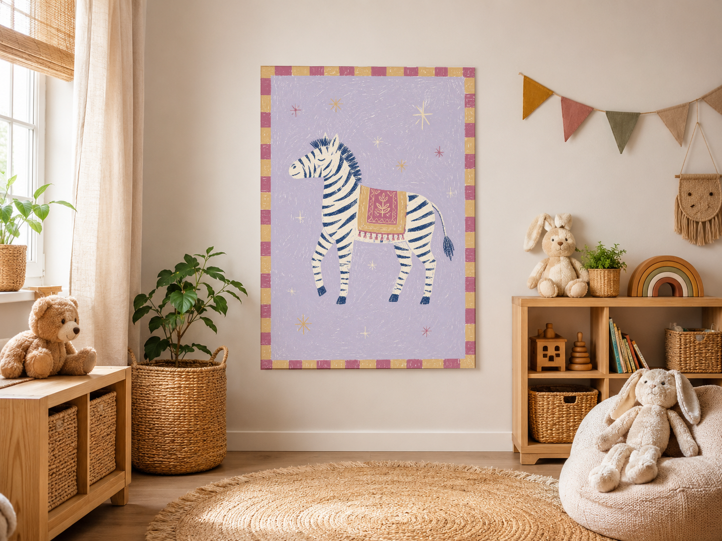 Doğal ahşap ve hasır dekorasyonun arasında, sevimli zebra motifli ve yıldızlı duvar sanatı.