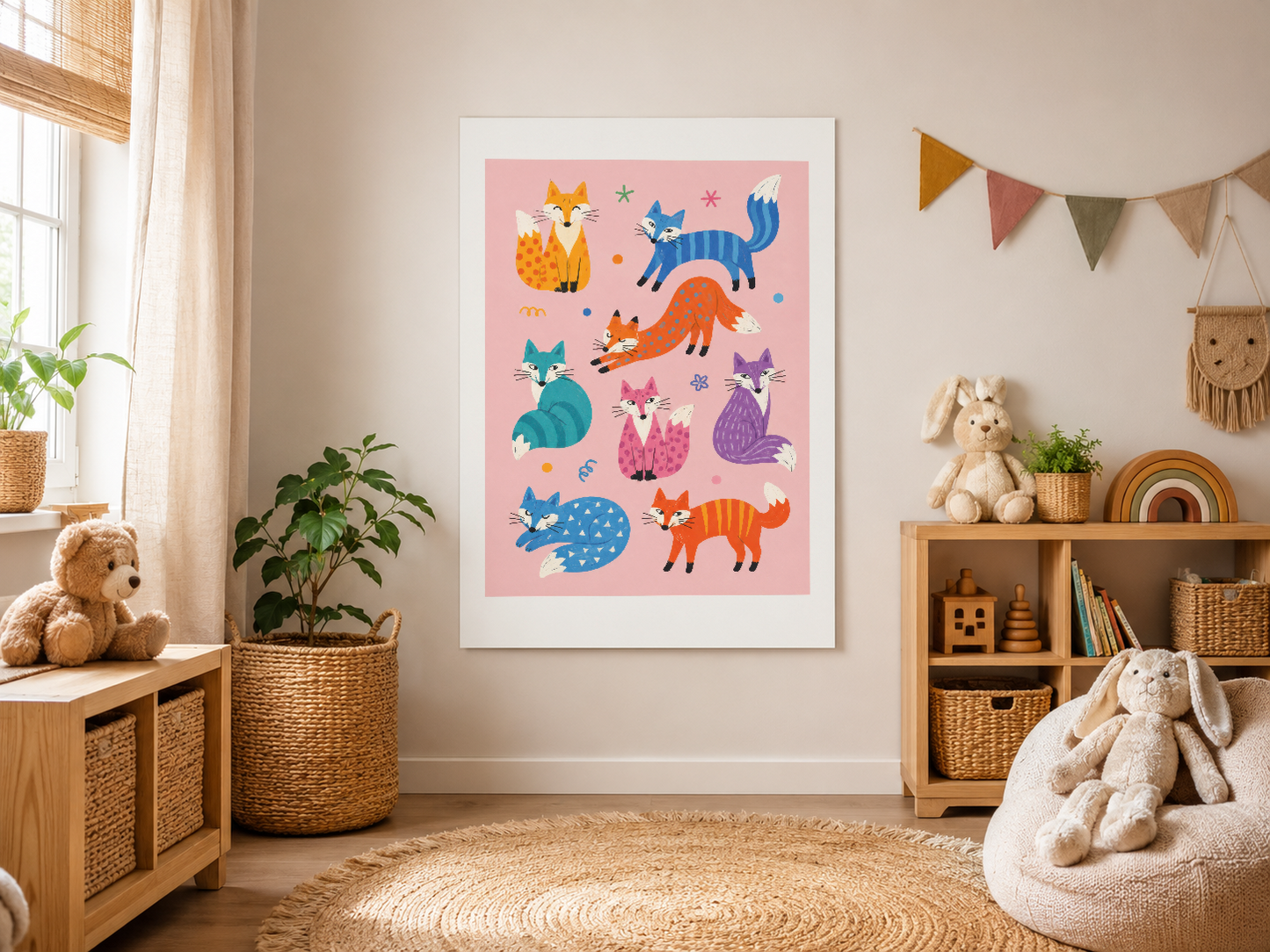 Rengarenk kediler ve tilkiler temalı pembe poster, doğal ahşap dekorasyon öğeleriyle uyumlu çocuk odası tablosu.